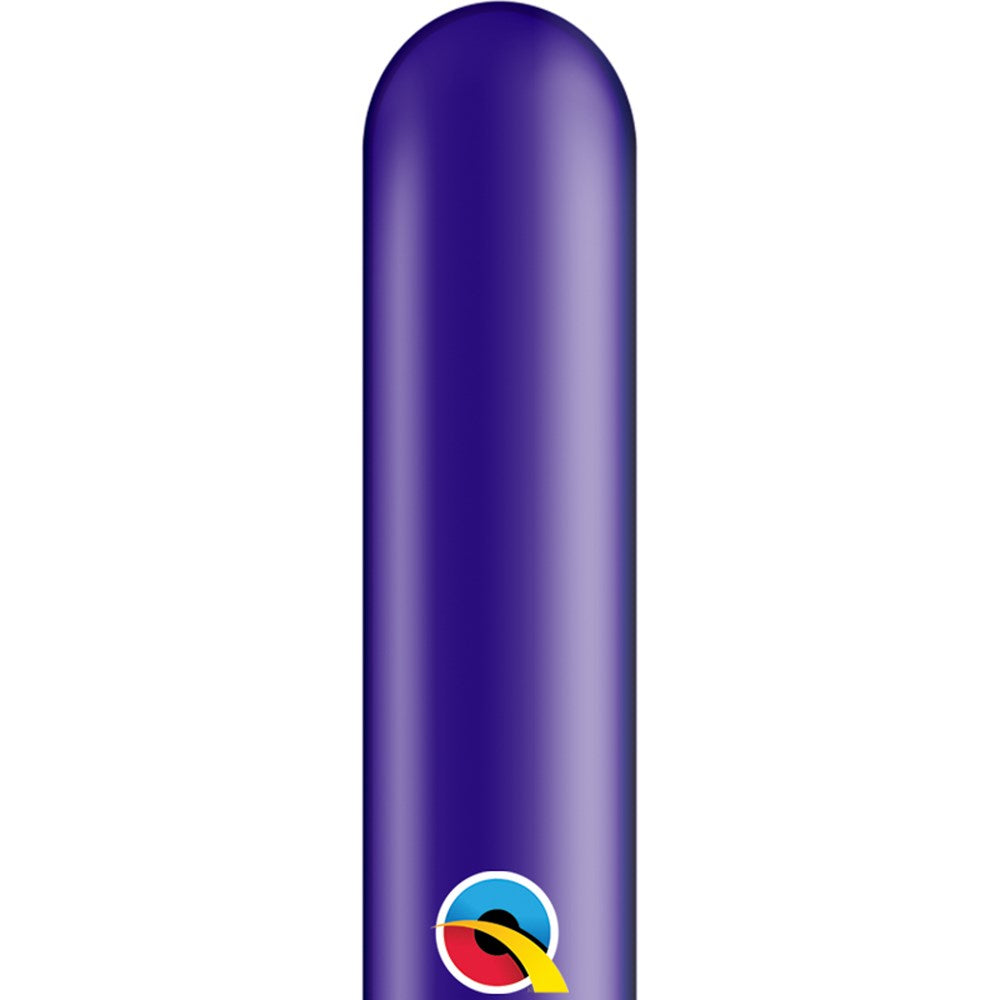 Single elongated purple latex balloon with a glossy finish and a small colorful logo near the bottom.
