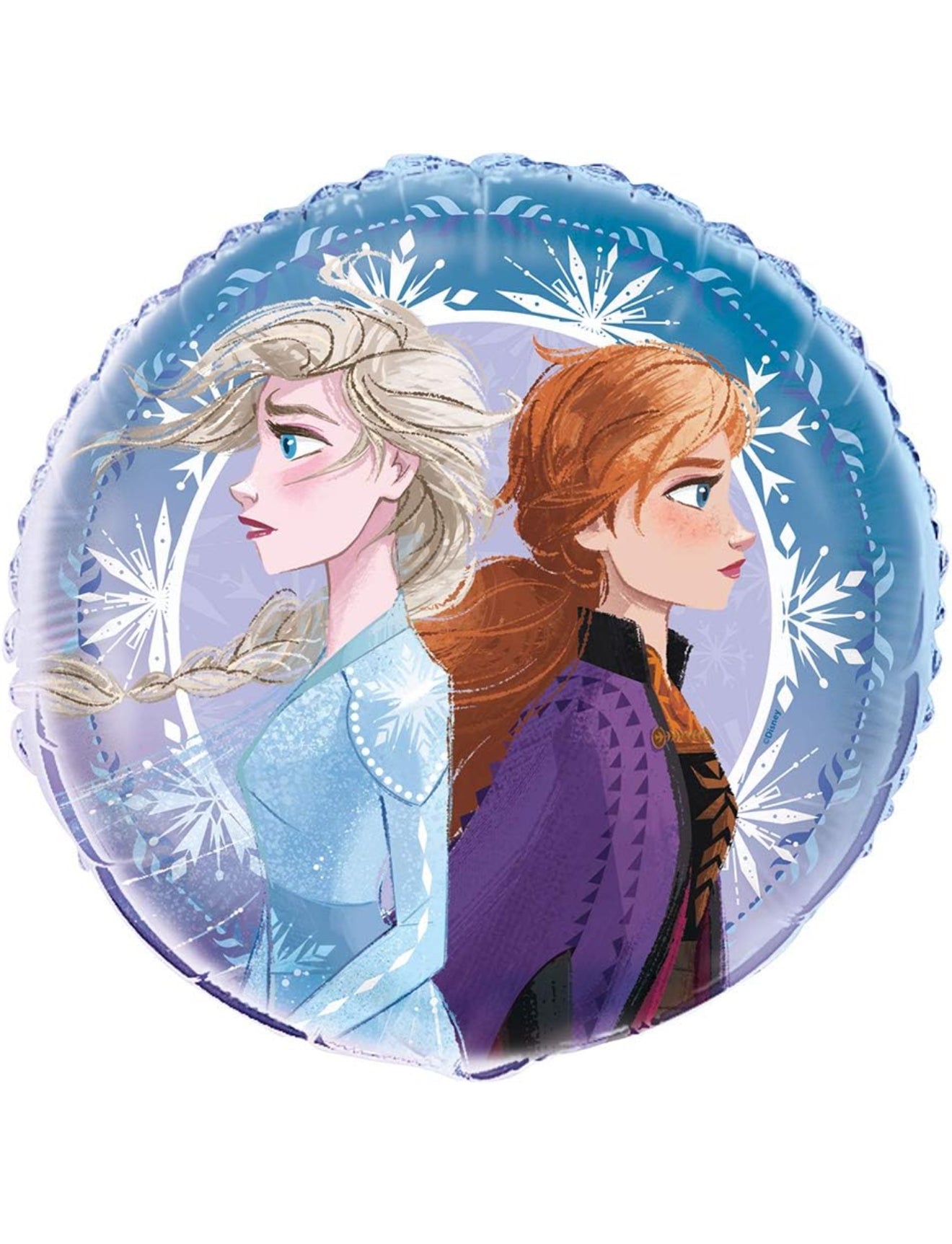 Round foil balloon featuring side profiles of Elsa and Anna from Frozen 2 on a light blue snowflake background.