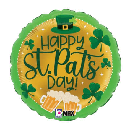 Round 18-inch foil balloon with green border, gold center, shamrocks, leprechaun hat, and beer mugs saying Happy St.