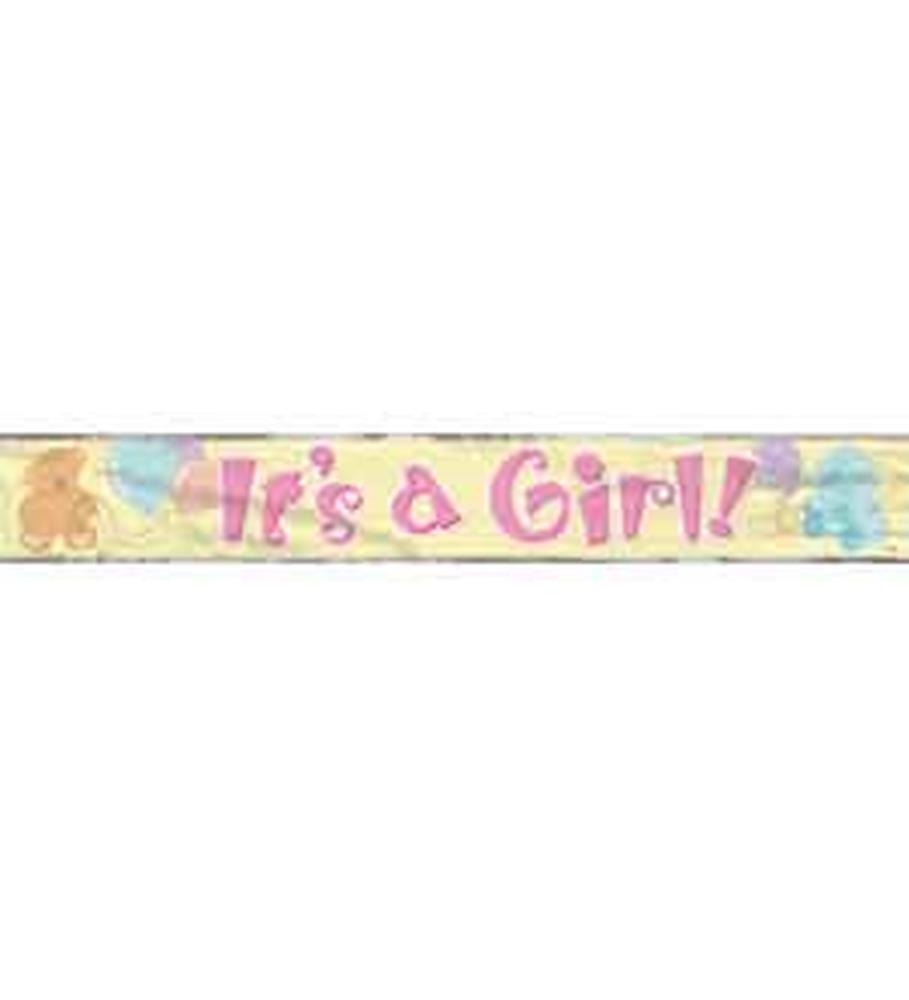 12ft foil banner with "It's a Girl!" in pink letters, decorated with pastel teddy bears and stars.
