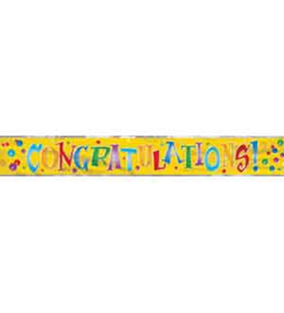 Colorful congratulations banner with multicolored letters on yellow background and confetti accents.