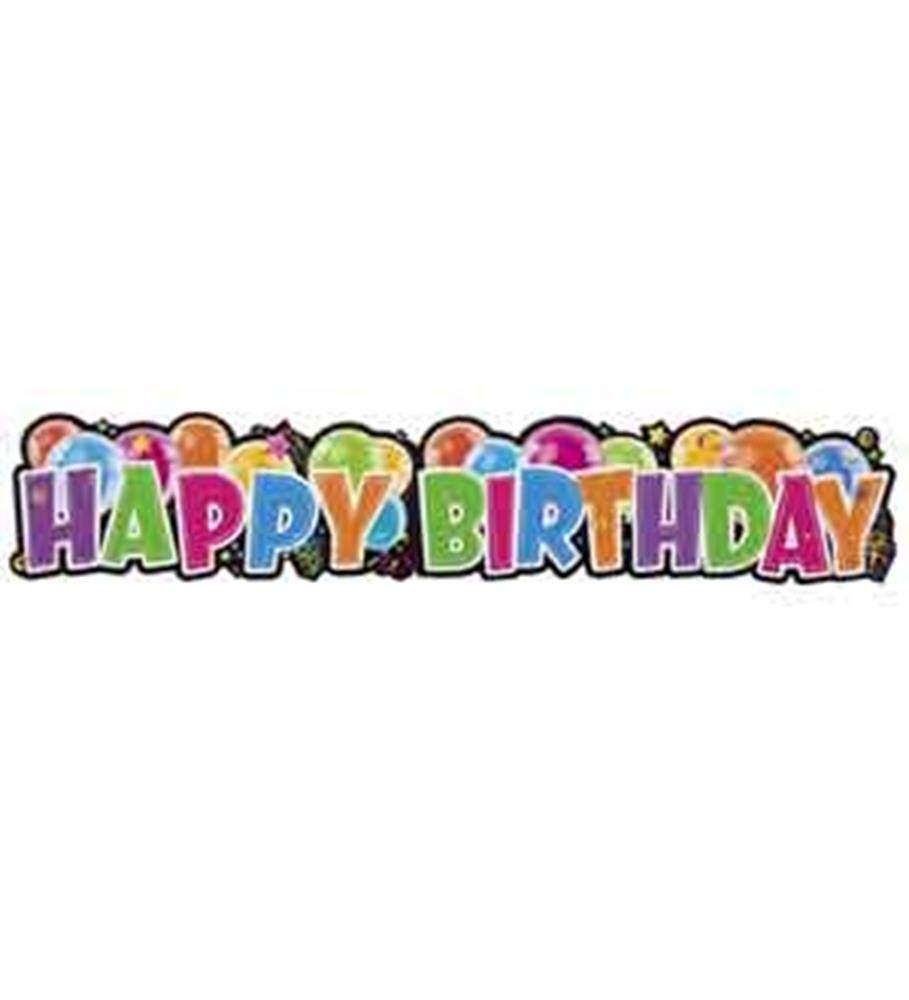 Colorful giant birthday banner with bold, block letters and festive confetti patterns, 4.5ft long.