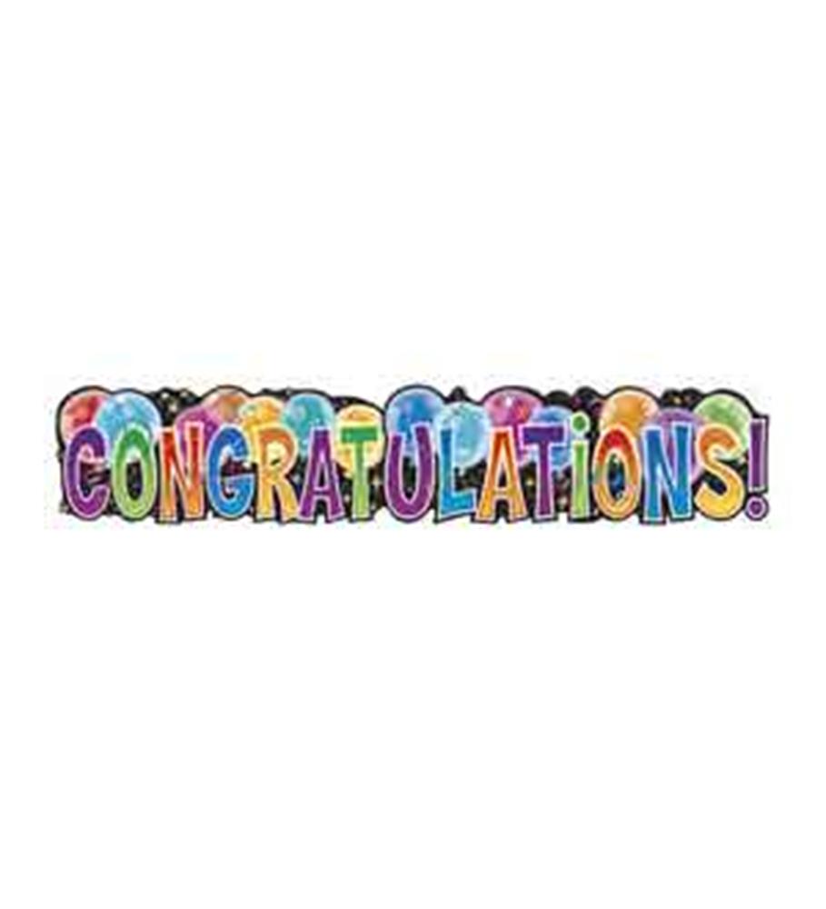 Colorful jointed banner spelling "CONGRATULATIONS!" with letters in varied bright colors and patterns on a playful white.