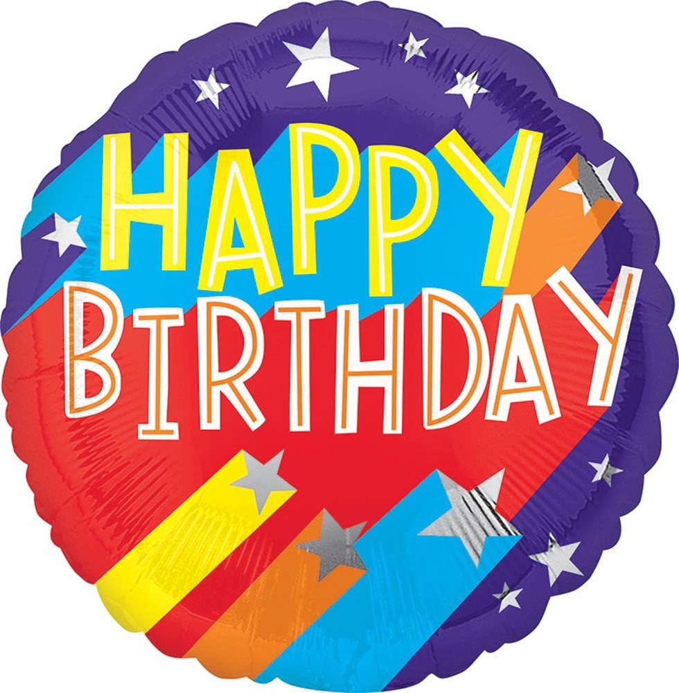 Round foil balloon with red and purple background, colorful "Happy Birthday" text, and flying stars design.