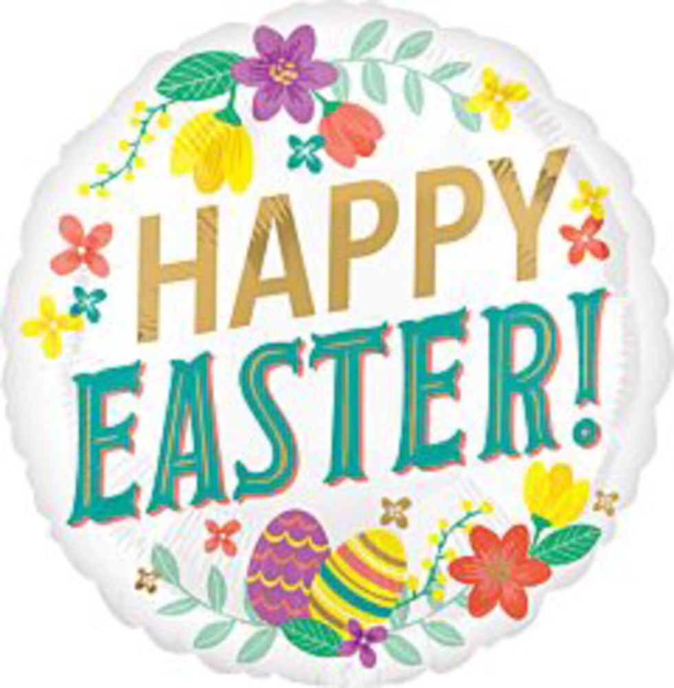 Round white foil balloon with gold "Happy" and teal "Easter!" text, decorated with colorful spring flowers and Easter eggs.