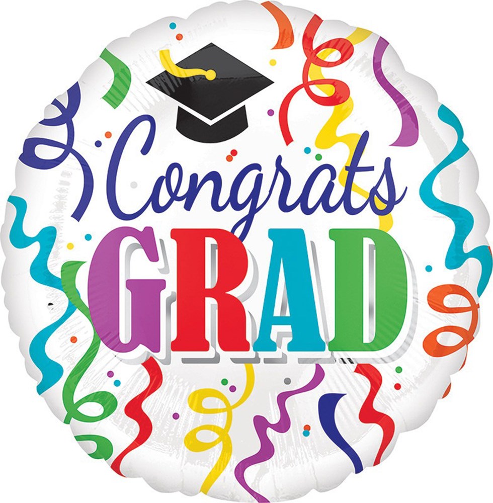 Round foil graduation balloon with "Congrats GRAD" text, black cap, and colorful streamers.