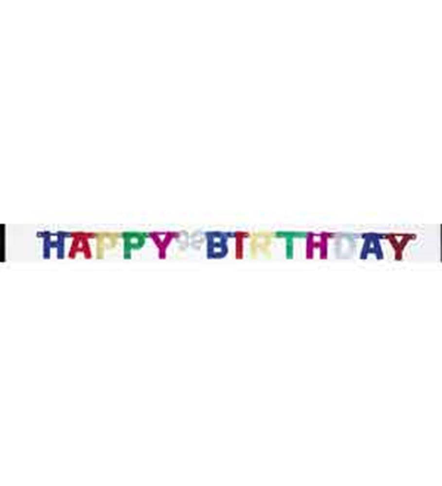 Colorful deluxe birthday banner with multicolored letters and festive balloon accents.