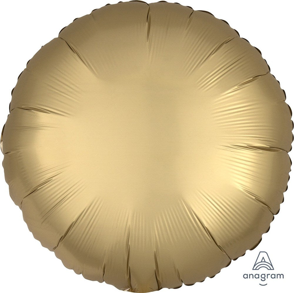 Round 17-inch flat gold satin foil balloon with a smooth, reflective surface.