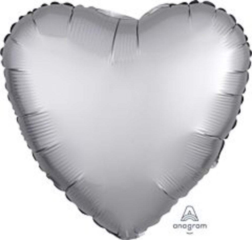 Shiny platinum foil balloon in a 17-inch heart shape with a smooth surface and slightly crinkled edges.