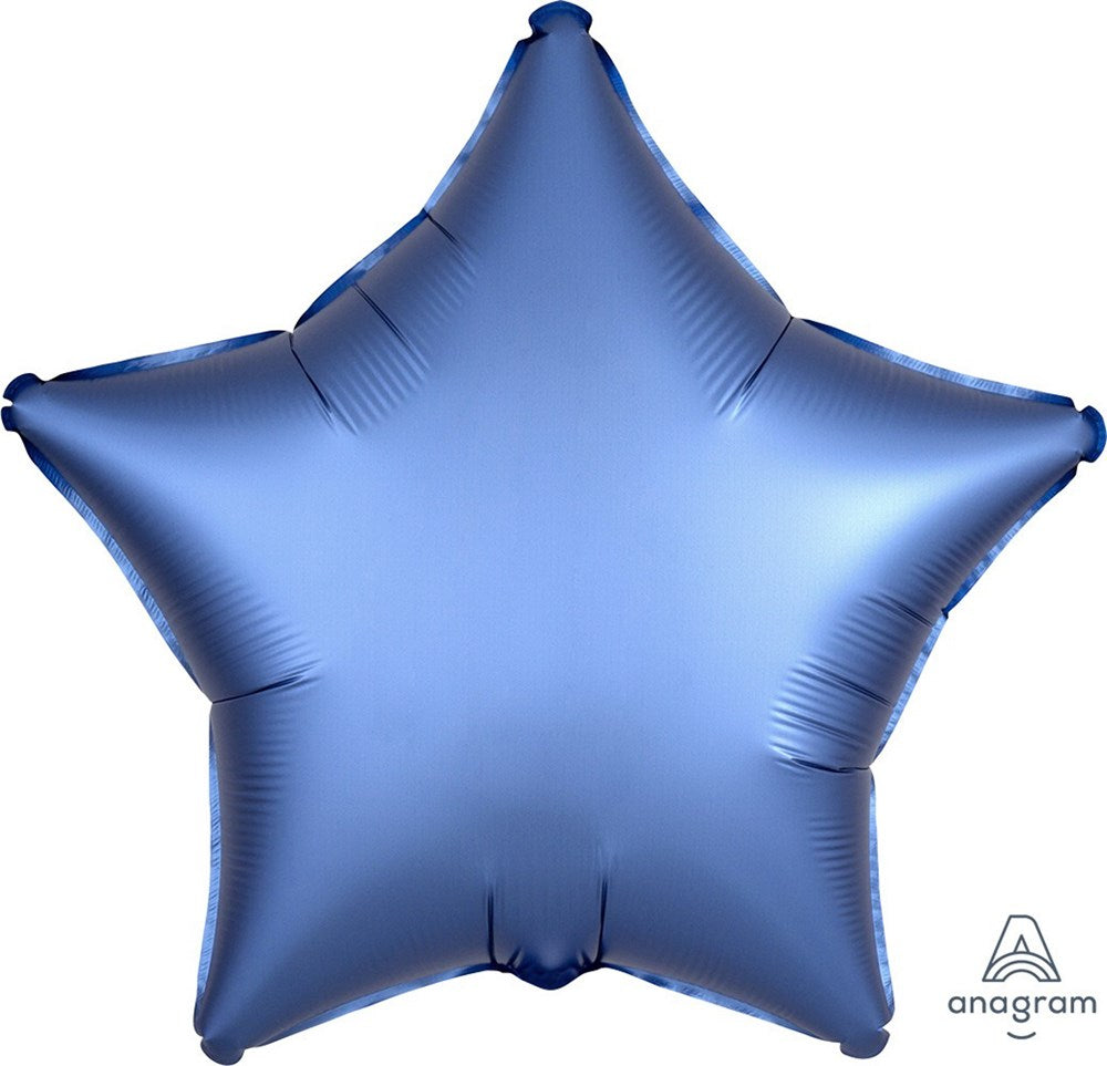 Flat star-shaped foil balloon in glossy azure blue satin finish, 19 inches wide.