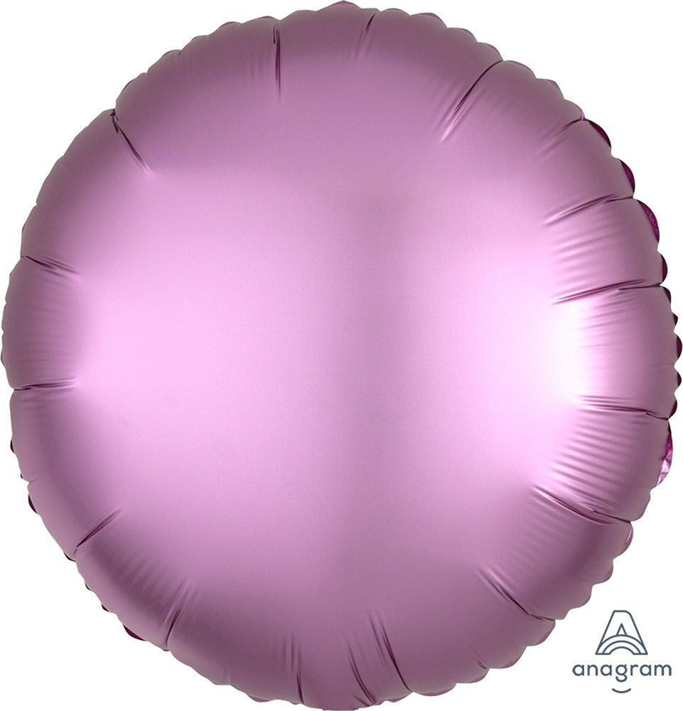 Round 17-inch satin finish foil balloon in soft metallic lavender, uninflated and flat.