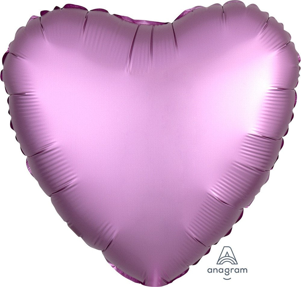 Heart-shaped foil balloon in satin flamingo pink, 17 inches, flat and smooth surface.