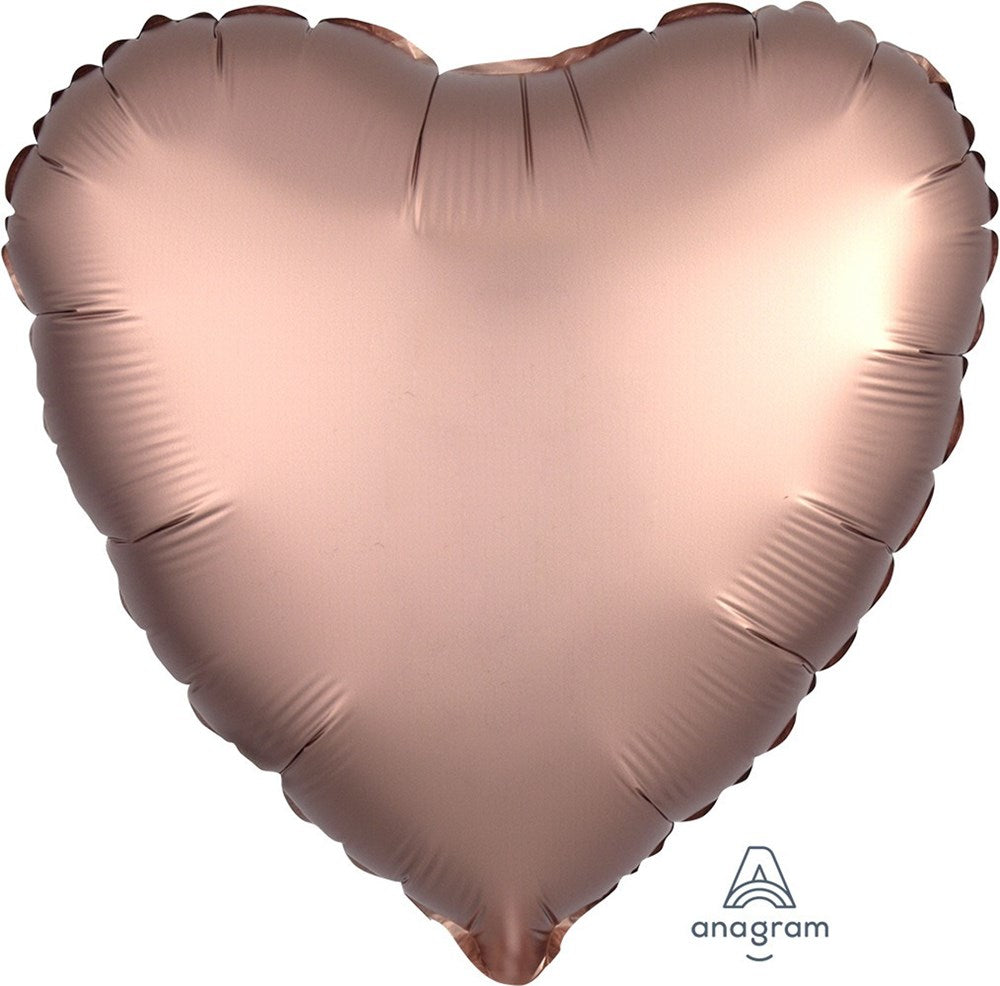 Heart-shaped foil balloon in luxurious rose copper satin finish, 17 inches, flat surface.