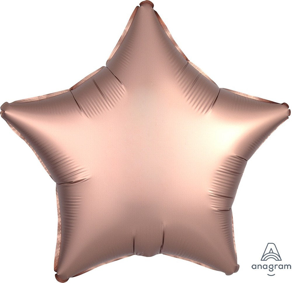 Flat rose copper foil balloon shaped like a five-point star with a satin finish.