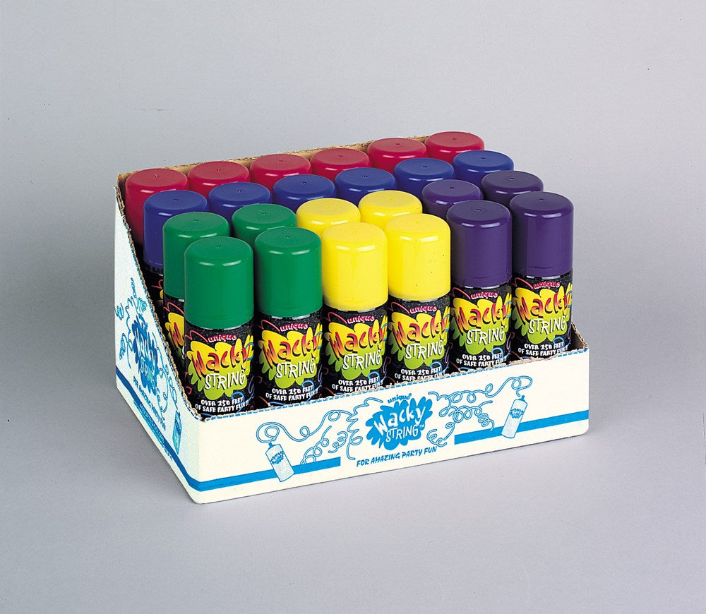 Colorful cans of wacky string in green, red, yellow, blue, and purple arranged in a white display box with playful graphics.