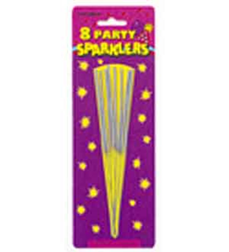 Eight yellow party sparklers on purple backing card with yellow stars and text.