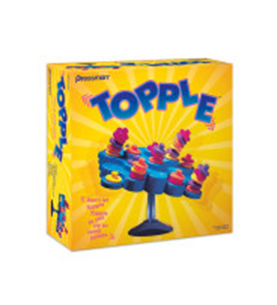 Colorful plastic balancing game with blue base, red and purple animal figures, and yellow box background.