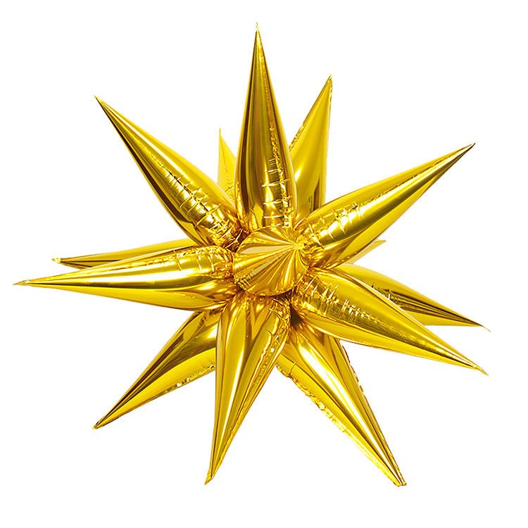 Shiny gold foil starburst balloon with 12 elongated pointed spikes, 26 inches across.