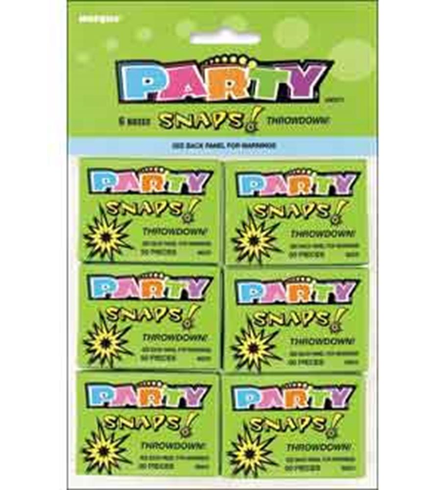 Six packaged sets of colorful Party Snaps in green blister packs with multicolored "PARTY" text and explosion graphic on the