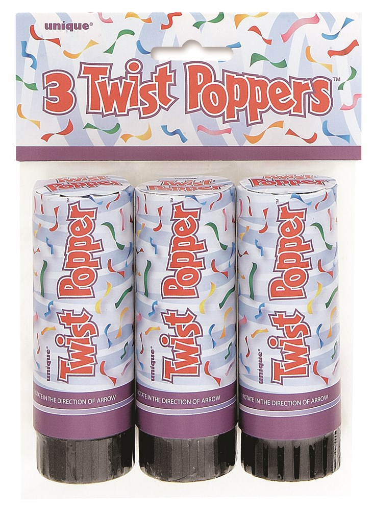 Three cylindrical twist poppers with white paper covers decorated with colorful confetti and red text, each capped with.