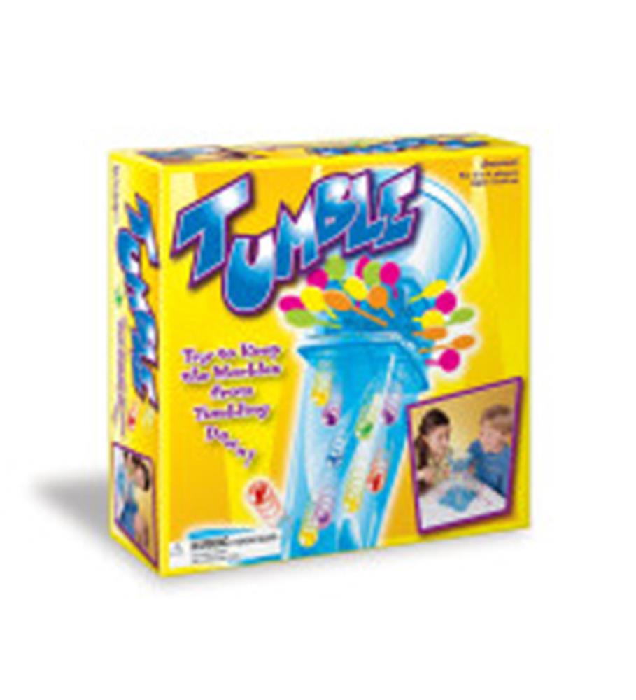 Yellow box for Tumble Game featuring colorful balancing sticks and balls with children playing on the side panel.