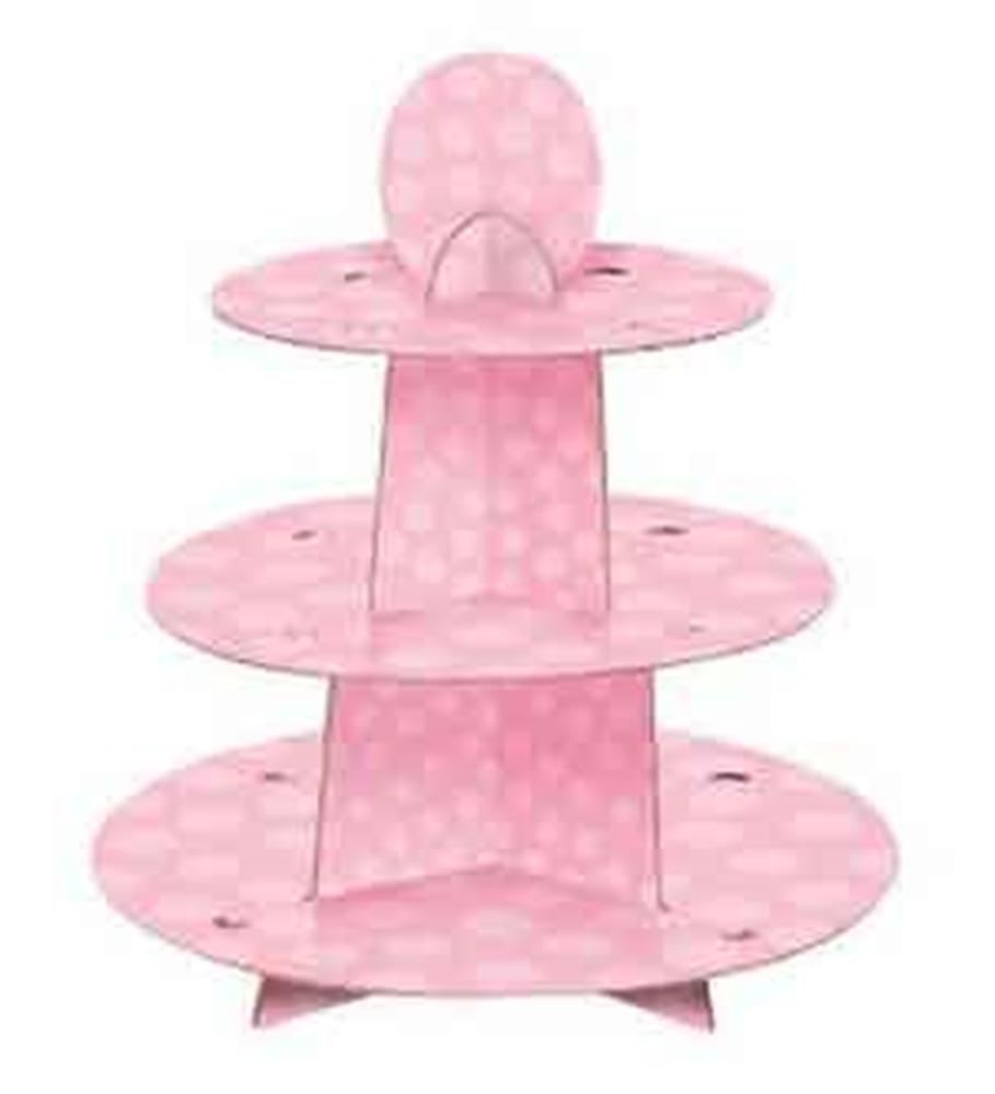 Three-tier pink cupcake stand with white polka dots, round shelves, and sturdy base.