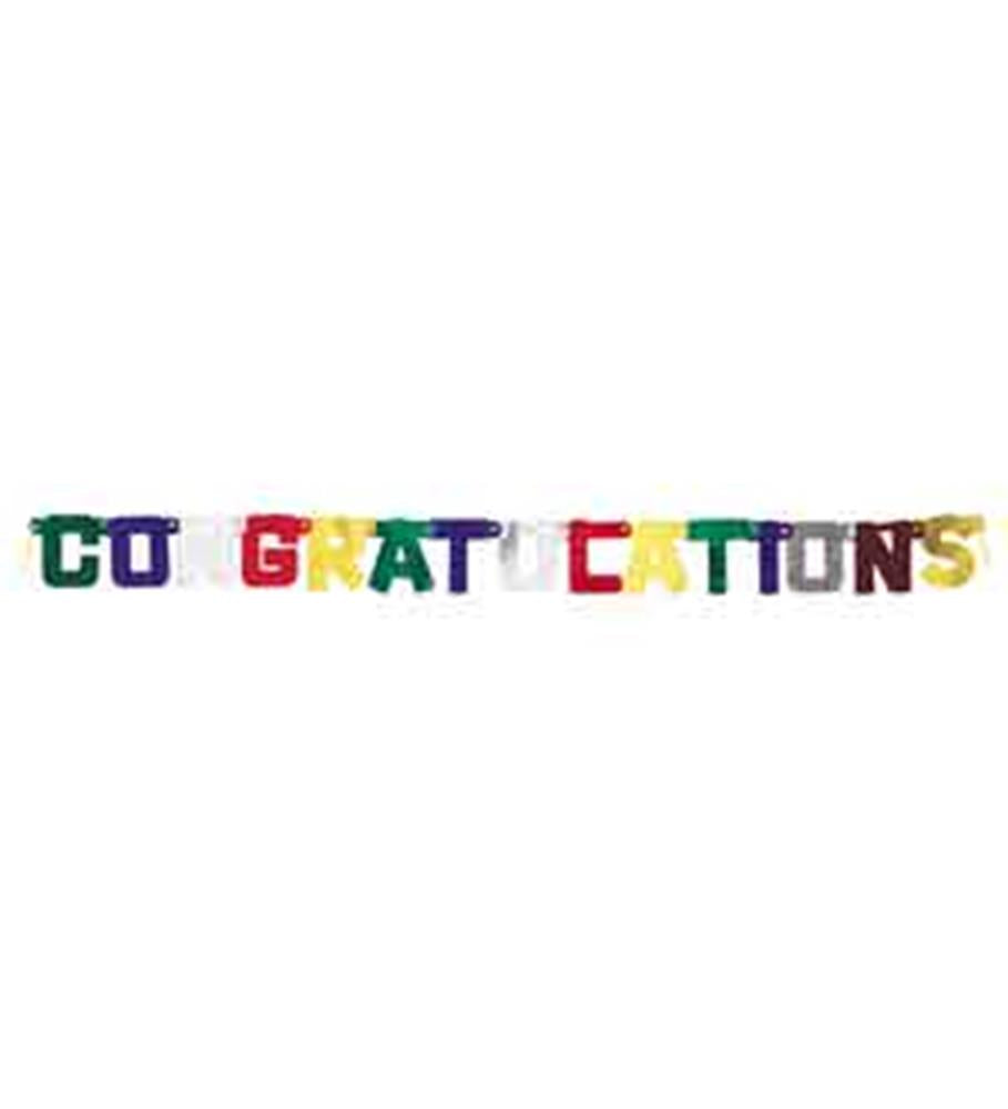 Colorful jointed banner spelling "CONGRATULATIONS" with each letter in a different bright color.