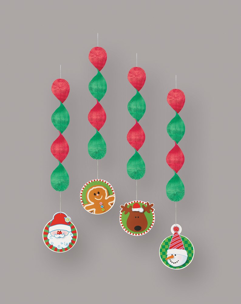 Set of five 18-inch hanging Christmas decorations with red and green spirals and festive character cutouts including Santa,.