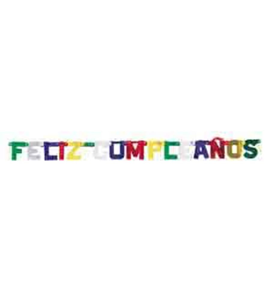 Colorful jointed banner spelling "Feliz Cumpleaños" with each letter in a different bright color.