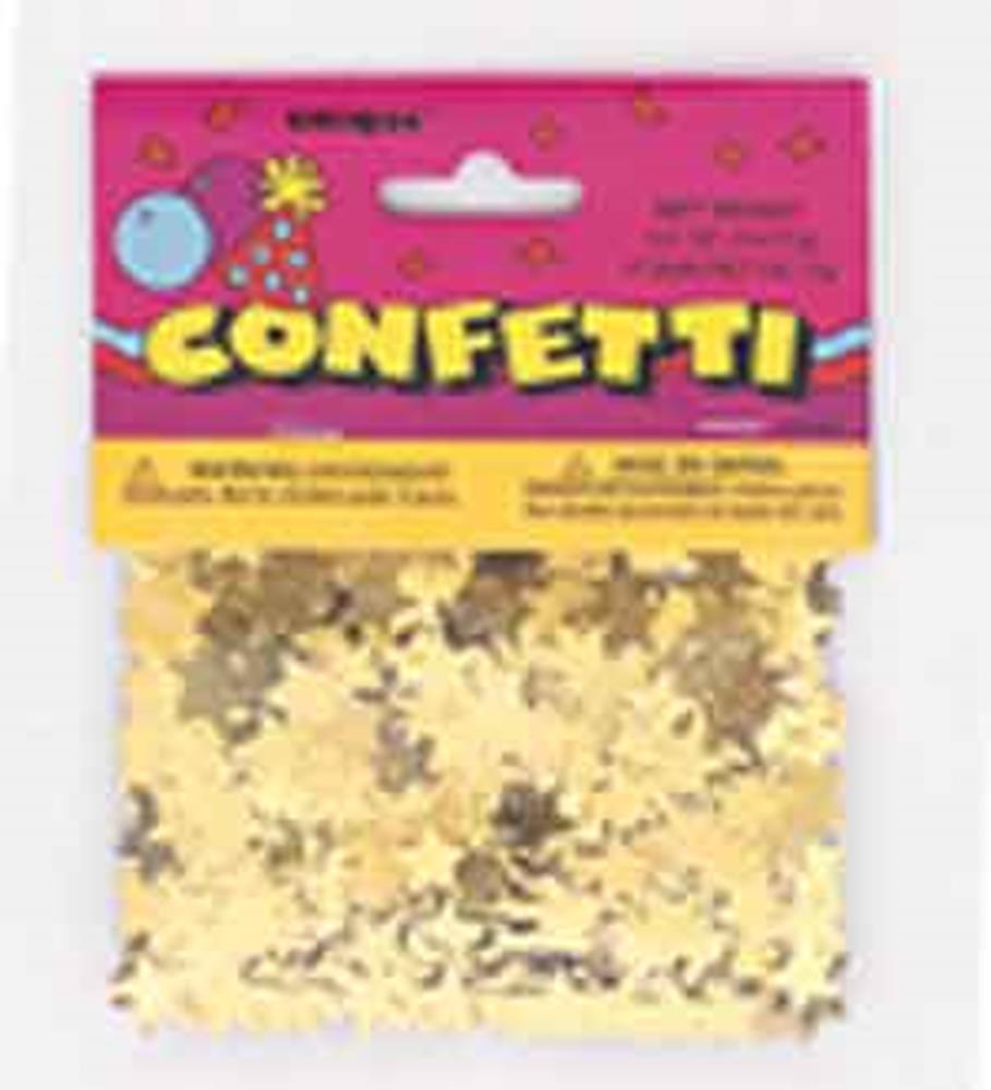 Small clear plastic bag filled with shiny gold star-shaped confetti, labeled with bright pink and yellow packaging.
