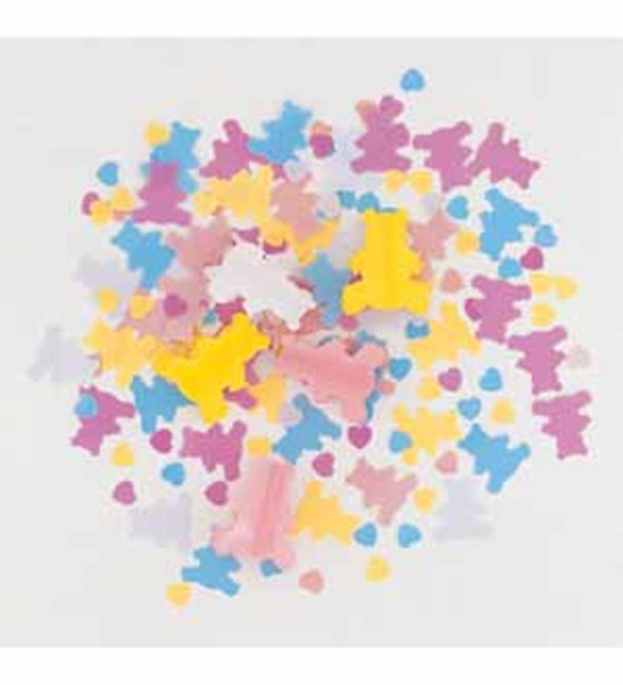 Colorful baby bear-shaped confetti in pastel pink, blue, yellow, and white for celebrations.