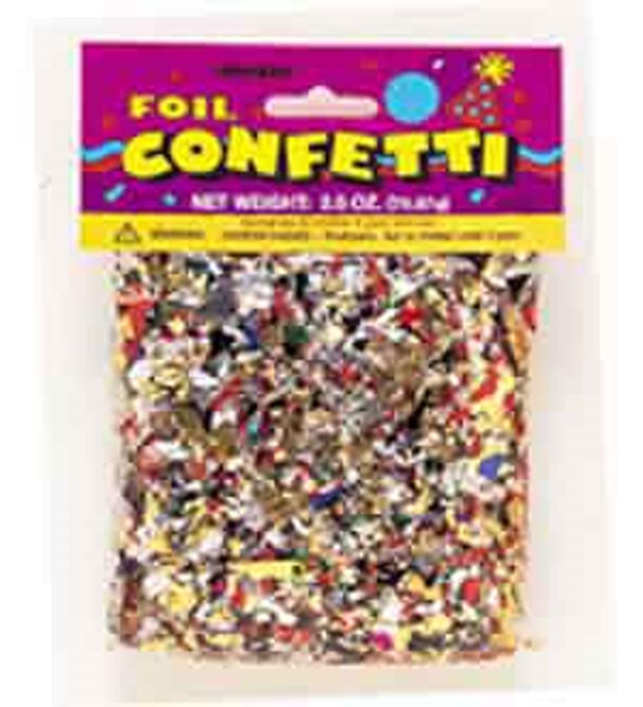 Clear plastic bag filled with colorful metallic foil confetti pieces in various shapes and colors.