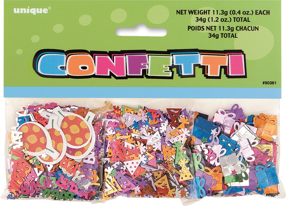 Three colorful confetti bags with birthday balloons, stars, and party hats in pink, purple, orange, and blue packaging.