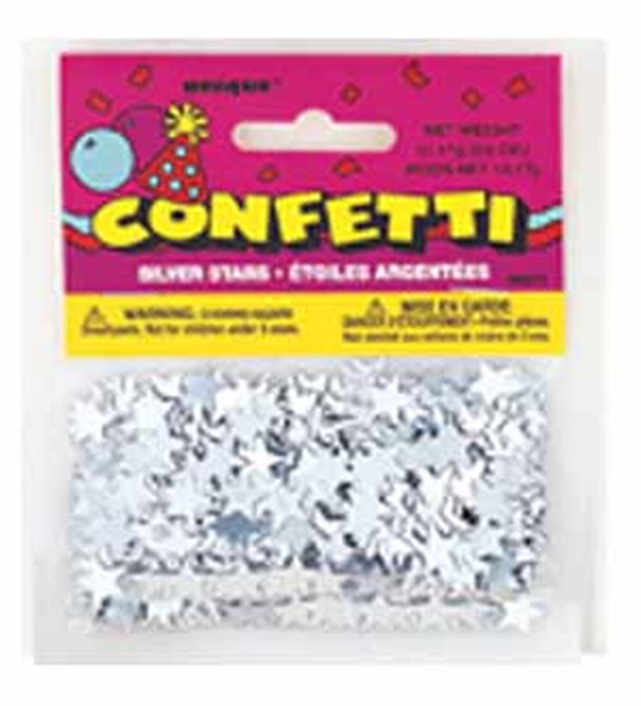Pack of silver star-shaped confetti with colorful party-themed header card.