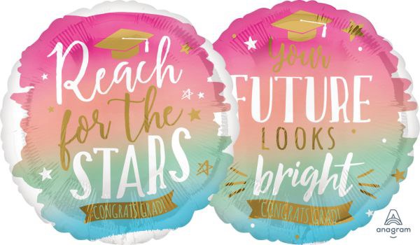 Round balloon set with pink, blue, and gold gradient featuring graduation caps and motivational graduation messages.
