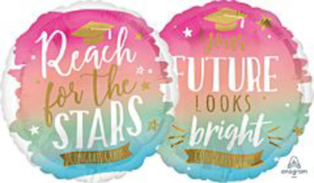 Round foil balloon in pink, green, and blue gradient with gold graduation cap and white and gold lettering that reads Reach.