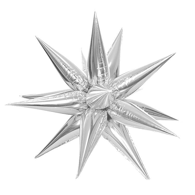 40-inch silver foil balloon shaped like a spiky starburst with elongated pointed spikes.