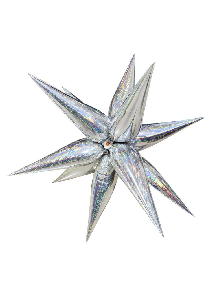 Holographic silver 40-inch starburst foil balloon with pointed elongated spikes.