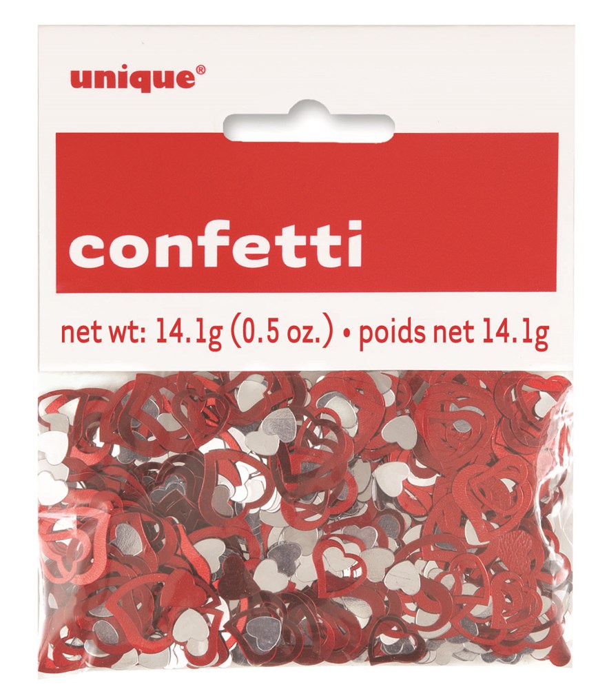 Red and white metallic heart-shaped foil confetti in a clear plastic bag with red and white packaging.