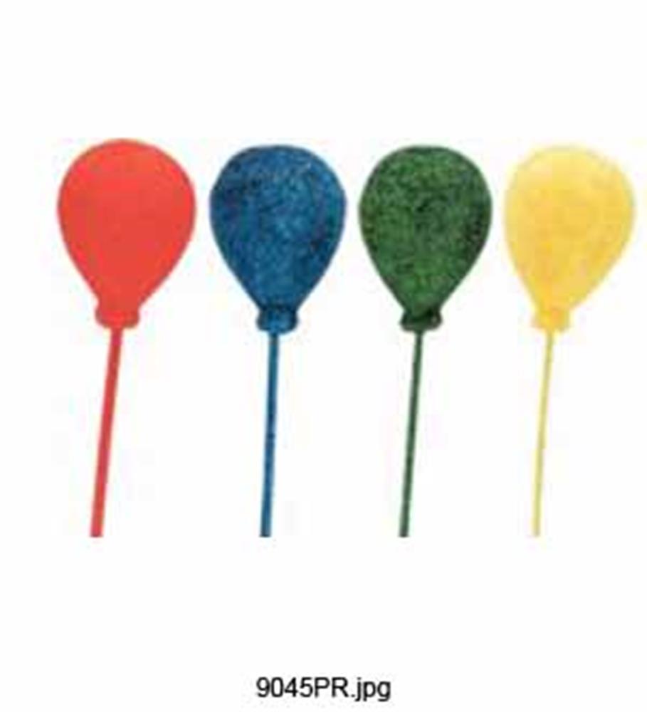 Red, blue, green, and yellow glittery balloon-shaped styrofoam picks with sticks.