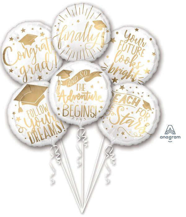 White and gold foil graduation balloons with messages like Congrats Grad, Finally, Your Future Looks Bright, Follow Your.