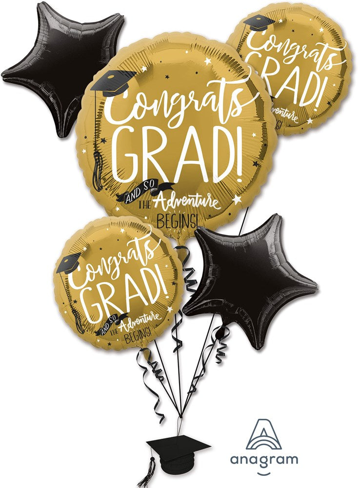 Gold round foil balloons with "Congrats Grad!" and black star-shaped foil balloons, tied with black graduation cap balloon.