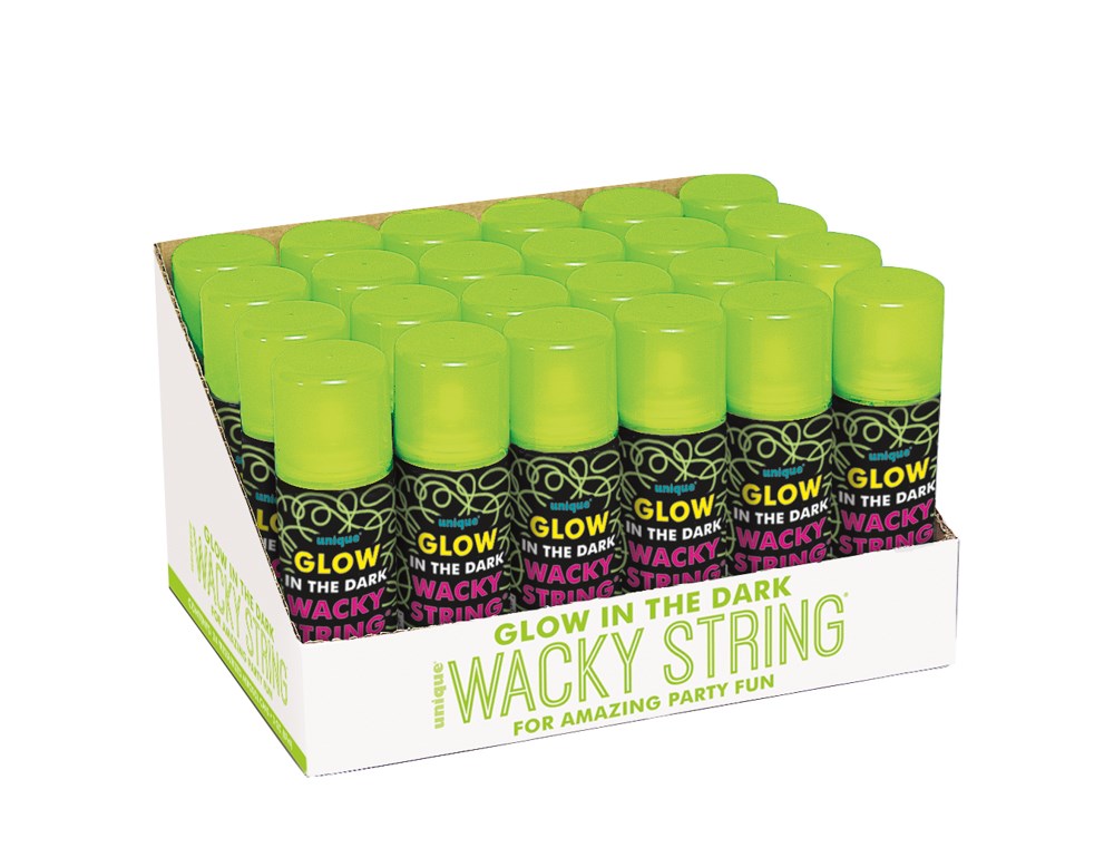 Neon green capped black tubes labeled Glow Wacky String arranged in white display box.
