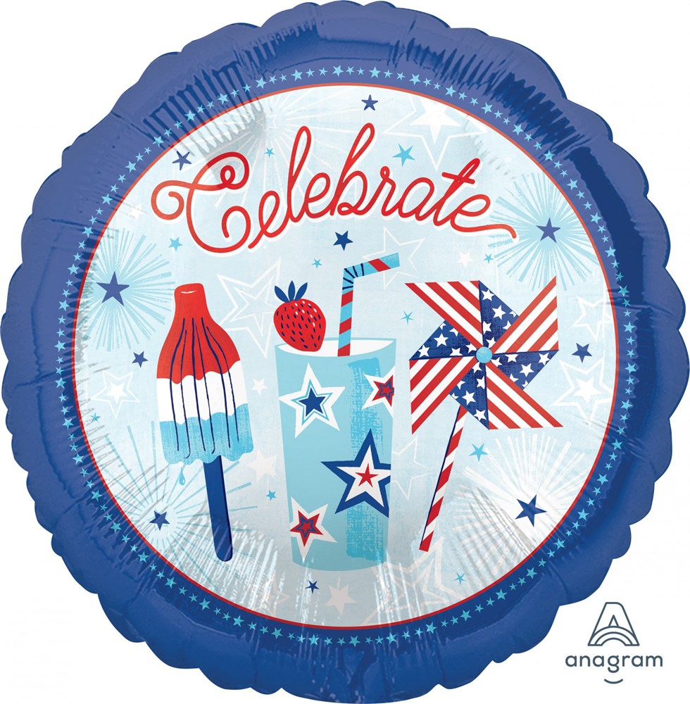 Round blue foil balloon with white center featuring red "Celebrate" text, patriotic popsicle, decorated drink, and American.