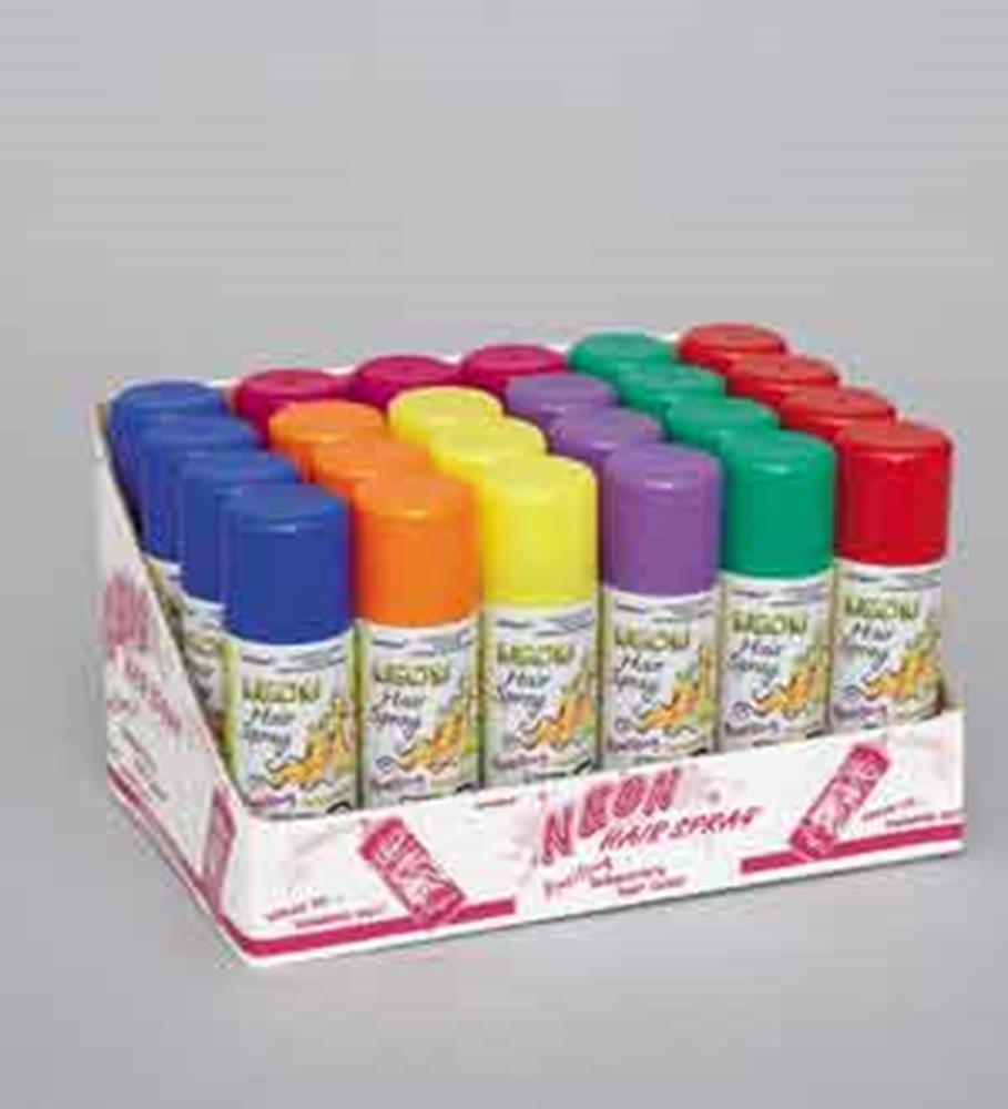 Assortment of 24 neon color hair spray cans in blue, orange, yellow, purple, green, and red with colorful caps in a white.
