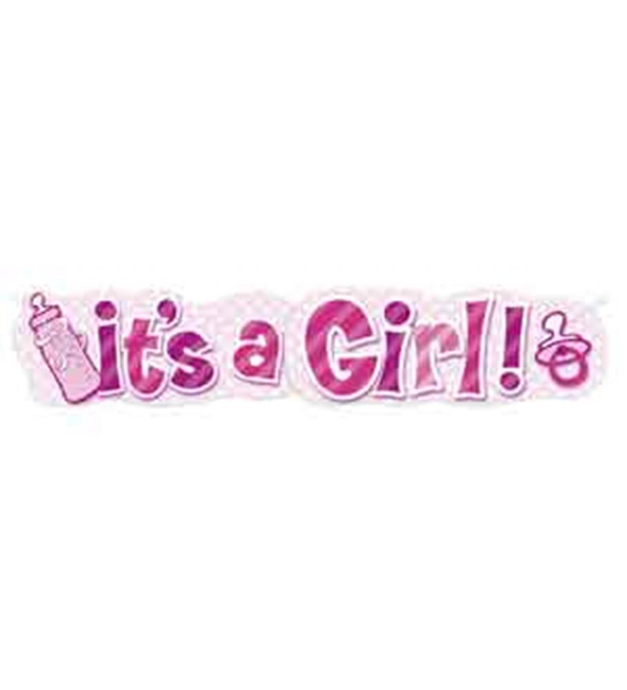 Pink and white "It's a Girl!" banner with baby bottle and pacifier illustrations.