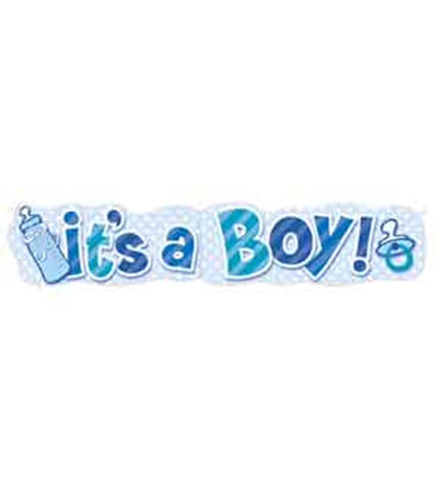 Blue and white jointed banner with baby bottle, pacifier, and "It's a Boy!" text for baby shower or gender reveal.