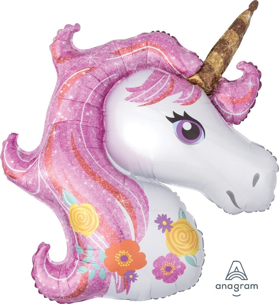 33-inch foil balloon shaped like a unicorn head with pink glittery mane, golden horn, and colorful flower accents.