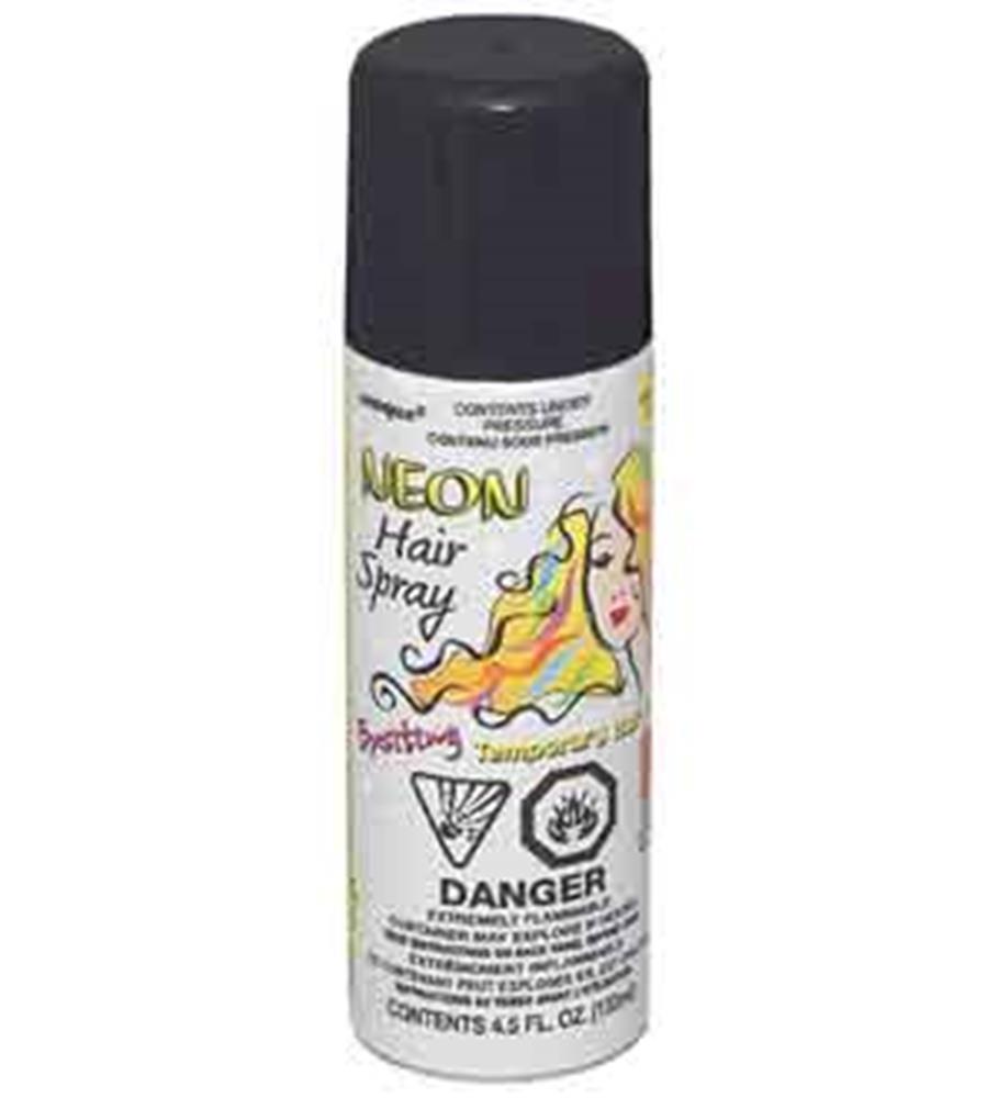 4.5oz black neon hair spray can with colorful graphic and warning labels.