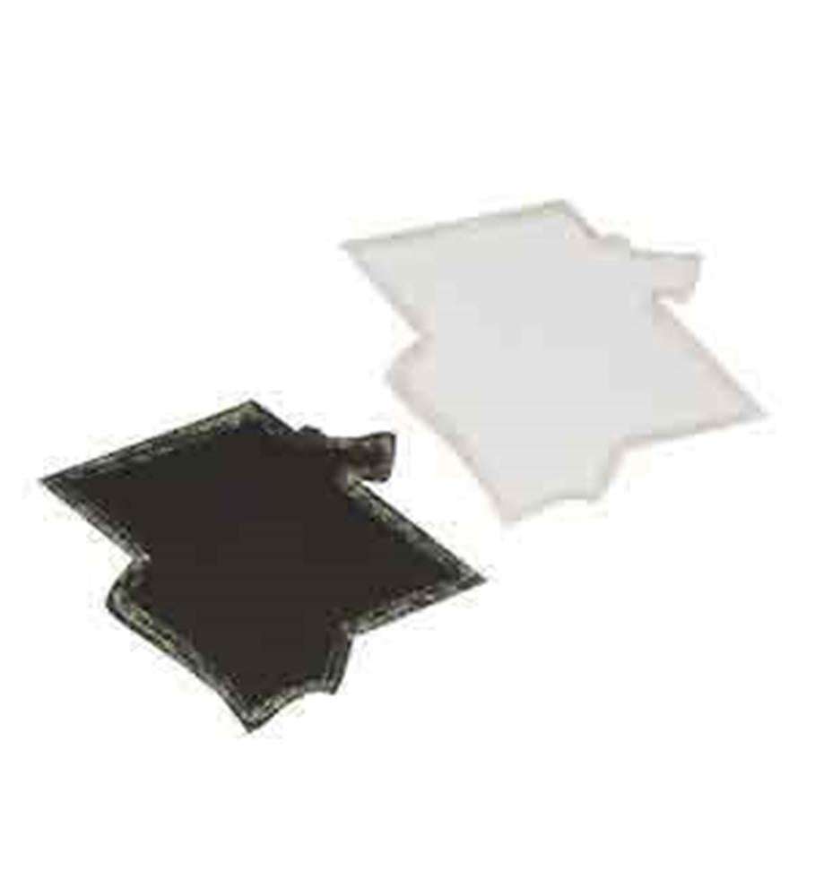 Black and white graduation cap confetti cutouts with shiny finish, 25 pieces.